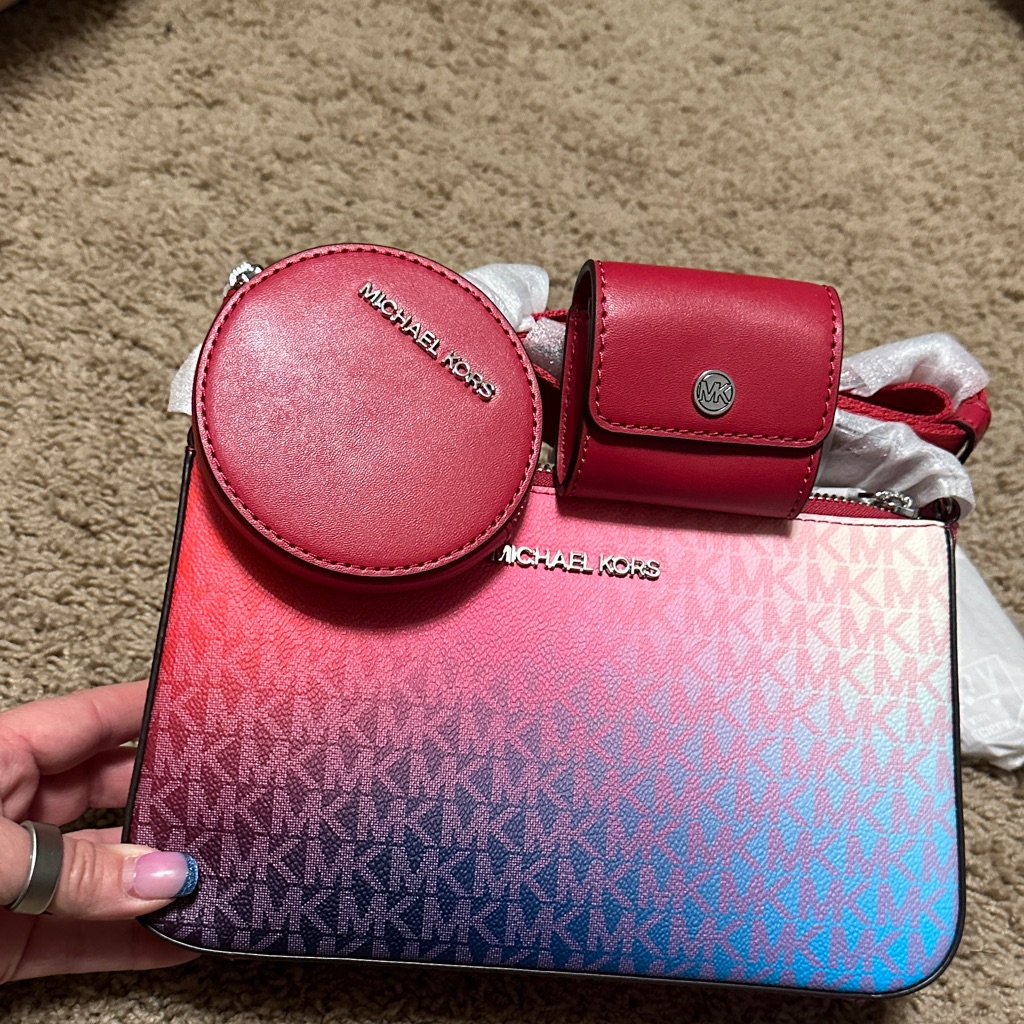 Michael Kors Pink And Blue Gradient Crossbody Bag With Pink Accessories